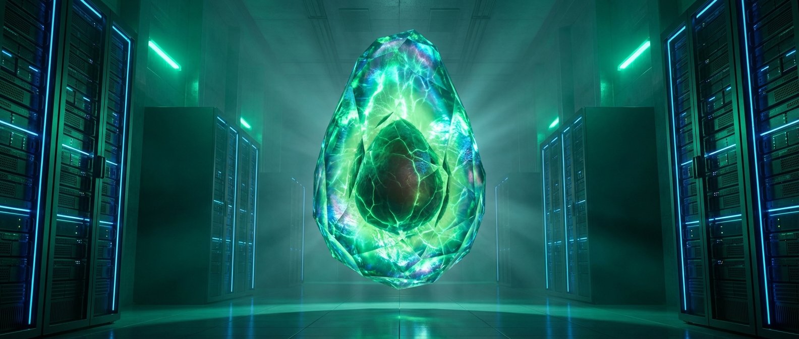 Objeto cristalino verde brillante en forma de aguacate con un núcleo oscuro flotando en un centro de datos con filas de servidores iluminados en azul.