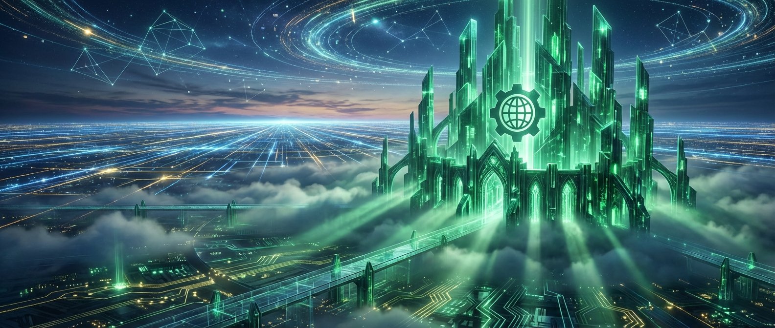 Una ciudad futurista iluminada con un imponente castillo esmeralda que emite luz, con un logo de globo y engranaje. La ciudad está construida sobre nubes, conectada por puentes y una vasta red de luces azules y amarillas que simulan circuitos y flujos de datos bajo un cielo nocturno con constelaciones digitales y anillos de luz.