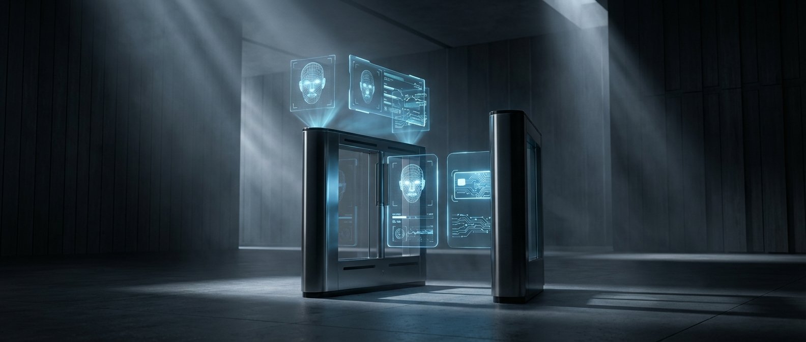 Puertas o escáneres futuristas de control de acceso con hologramas de reconocimiento facial y datos en un entorno oscuro con haces de luz.