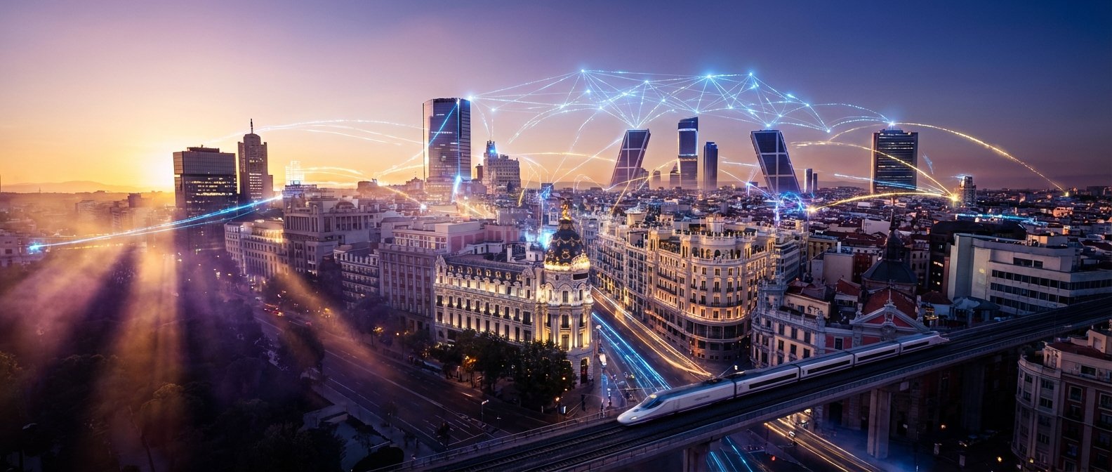 Vista aérea de la ciudad de Madrid al atardecer, mostrando rascacielos y edificios históricos, un tren de alta velocidad en un viaducto, y una red de luz azul que conecta las estructuras urbanas.