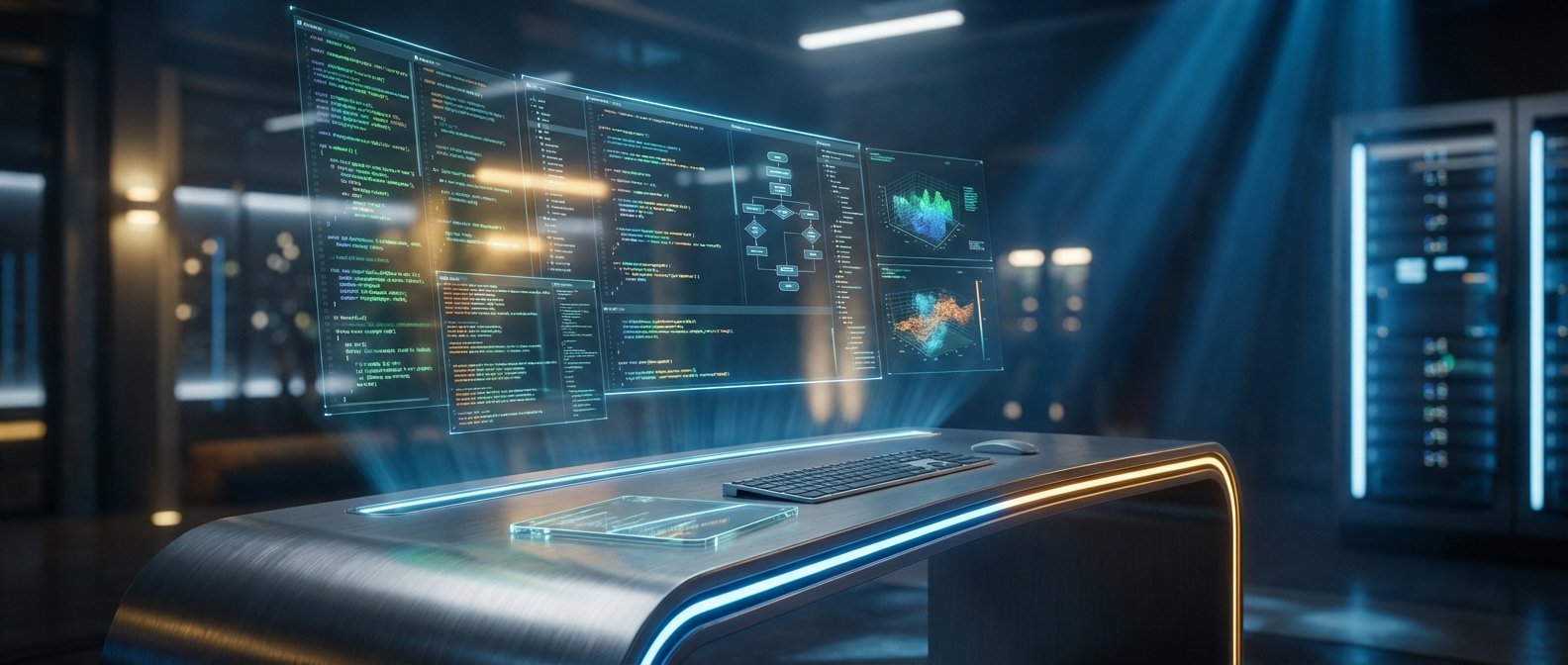 Escritorio futurista con interfaz holográfica que muestra código de programación, diagramas de flujo y gráficos de datos 3D. Sobre el escritorio hay un teclado, un ratón y una tablet translúcida. Al fondo se aprecian racks de servidores en un centro de datos iluminado.