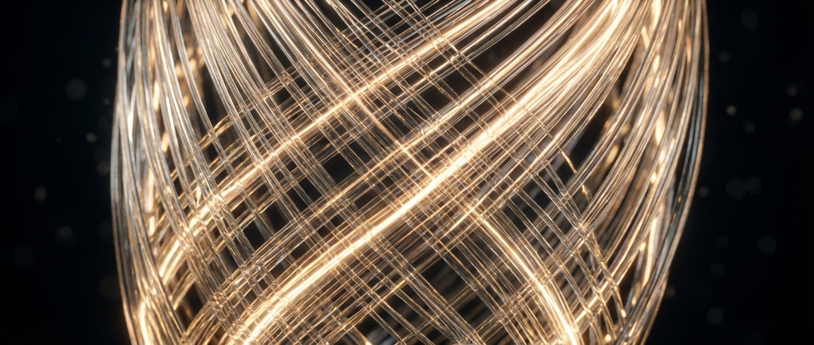 Estructura abstracta de hilos finos y translúcidos que se entrelazan y curvan, creando líneas luminosas de brillo dorado sobre un fondo oscuro con bokeh.