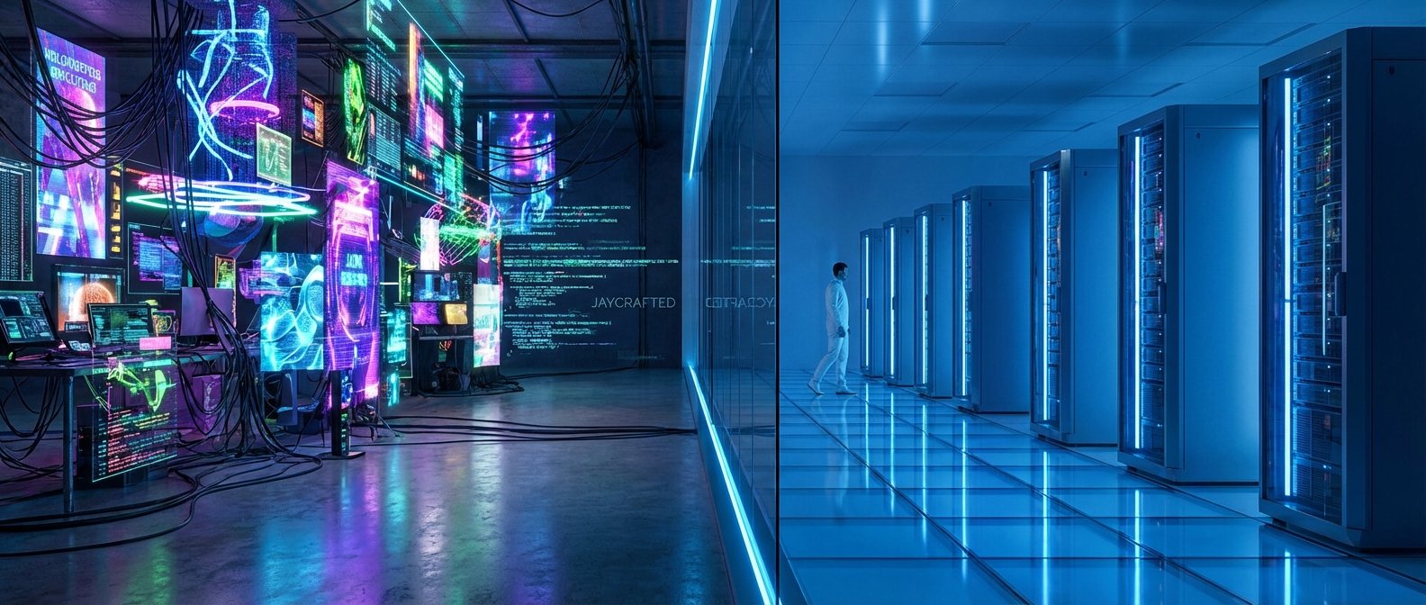 Imagen dividida que muestra a la izquierda una sala tecnológica futurista con pantallas de neón, hologramas de datos y cables; a la derecha, un centro de datos moderno y azul con filas de servidores y un ingeniero caminando.