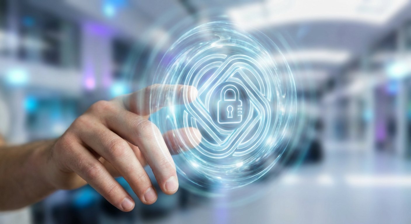 Mano de persona tocando una interfaz virtual holográfica azul con un icono de candado, simbolizando seguridad digital.