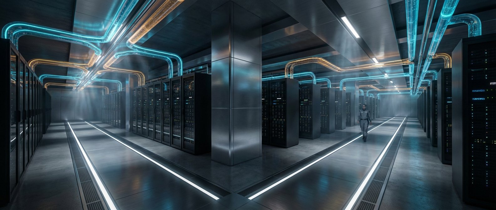 Pasillo principal de un centro de datos moderno con largas filas de racks de servidores a ambos lados. En el techo se observan tubos transparentes que transportan flujos de datos luminosos azules y naranjas. El suelo cuenta con iluminación integrada y una persona vestida con uniforme camina por el pasillo.