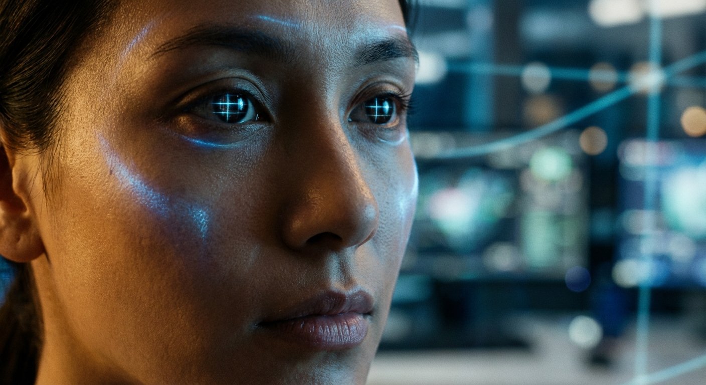 Primer plano de una mujer con reflejos de luz azul en el rostro y patrones de cuadrícula digital en los ojos, que simulan una interfaz de realidad aumentada en un entorno tecnológico.
