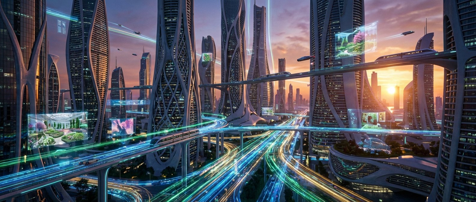 Vista panorámica de una ciudad futurista al atardecer, con rascacielos de diseño innovador, trenes elevados, vehículos voladores, carreteras iluminadas con estelas de luz y grandes pantallas holográficas mostrando jardines.