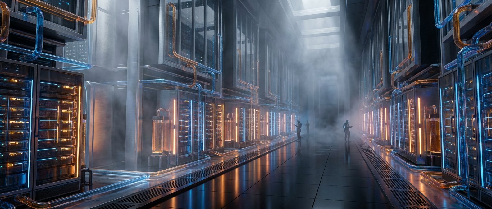 Pasillo interior de un centro de datos futurista con filas de servidores que emiten luces azules y naranjas, tuberías transparentes de refrigeración con líquidos de colores, un suelo reflectante y un ambiente con niebla. Se aprecian tres personas con trajes especializados interactuando con el equipo.