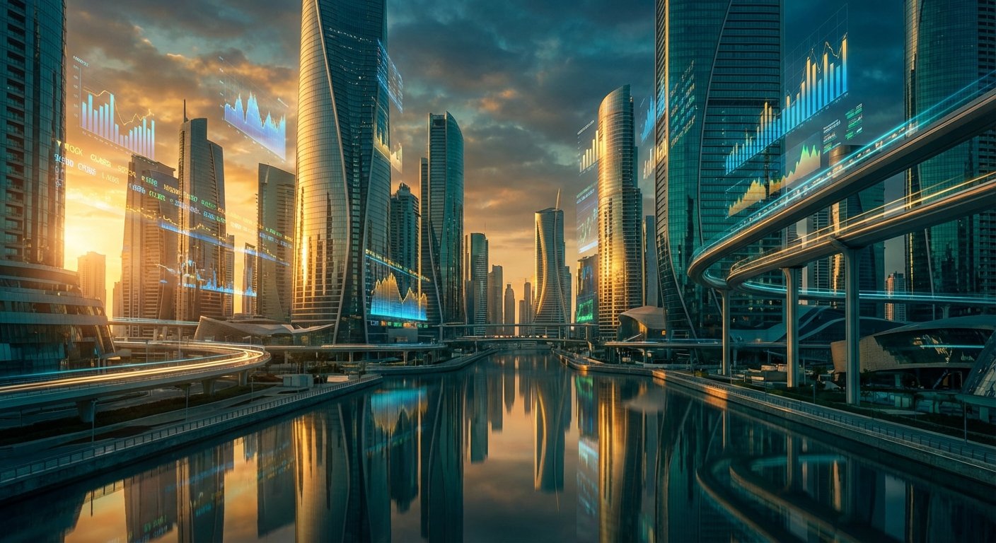 Ciudad futurista al atardecer con rascacielos modernos de cristal, un río que los refleja, carreteras elevadas con luces y gráficos financieros holográficos proyectados sobre los edificios.