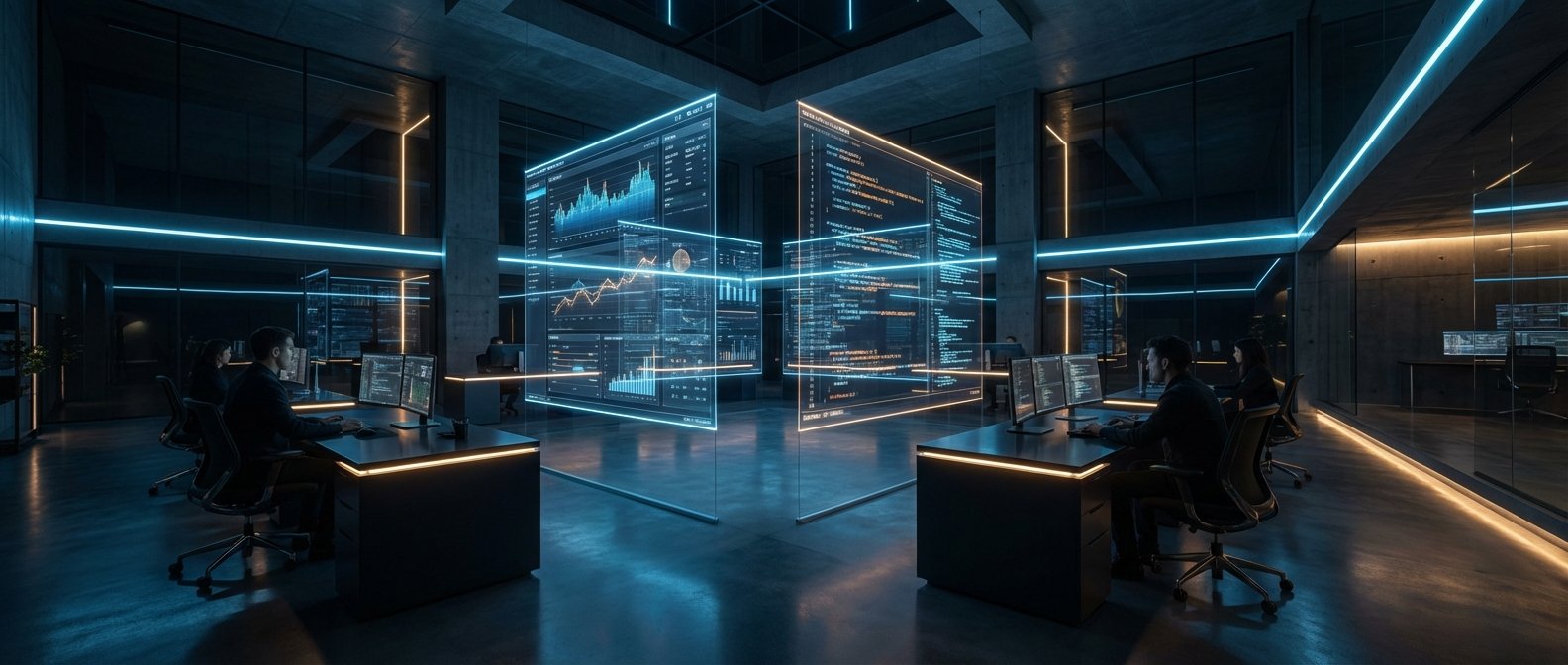 Oficina de alta tecnología con personas trabajando en escritorios, rodeados de grandes pantallas holográficas que muestran gráficos de datos y código. El espacio está iluminado con luces de neón azules y naranjas.