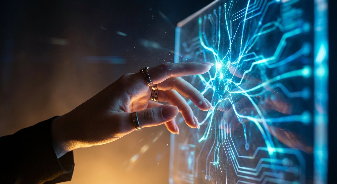 Una mano con varios anillos toca una pantalla transparente que muestra un circuito electrónico brillante en tonos azules, con una ráfaga de luz en el punto de contacto. La mano recibe una iluminación cálida que contrasta con el brillo frío de la pantalla.