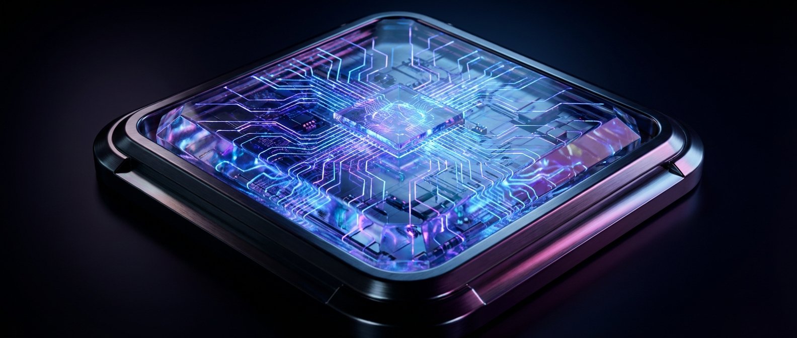 Microchip con circuitos internos iluminados en tonos azules y morados, visible a través de una cubierta transparente y enmarcado por una estructura metálica oscura, sobre un fondo negro.