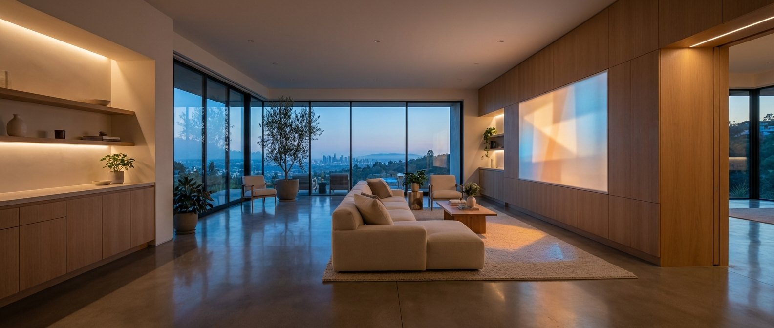 Amplia sala de estar moderna con grandes ventanales que muestran una vista panorámica de la ciudad al atardecer. La estancia incluye un sofá modular beige, una mesa de centro de madera, estanterías iluminadas y una pared con iluminación decorativa.