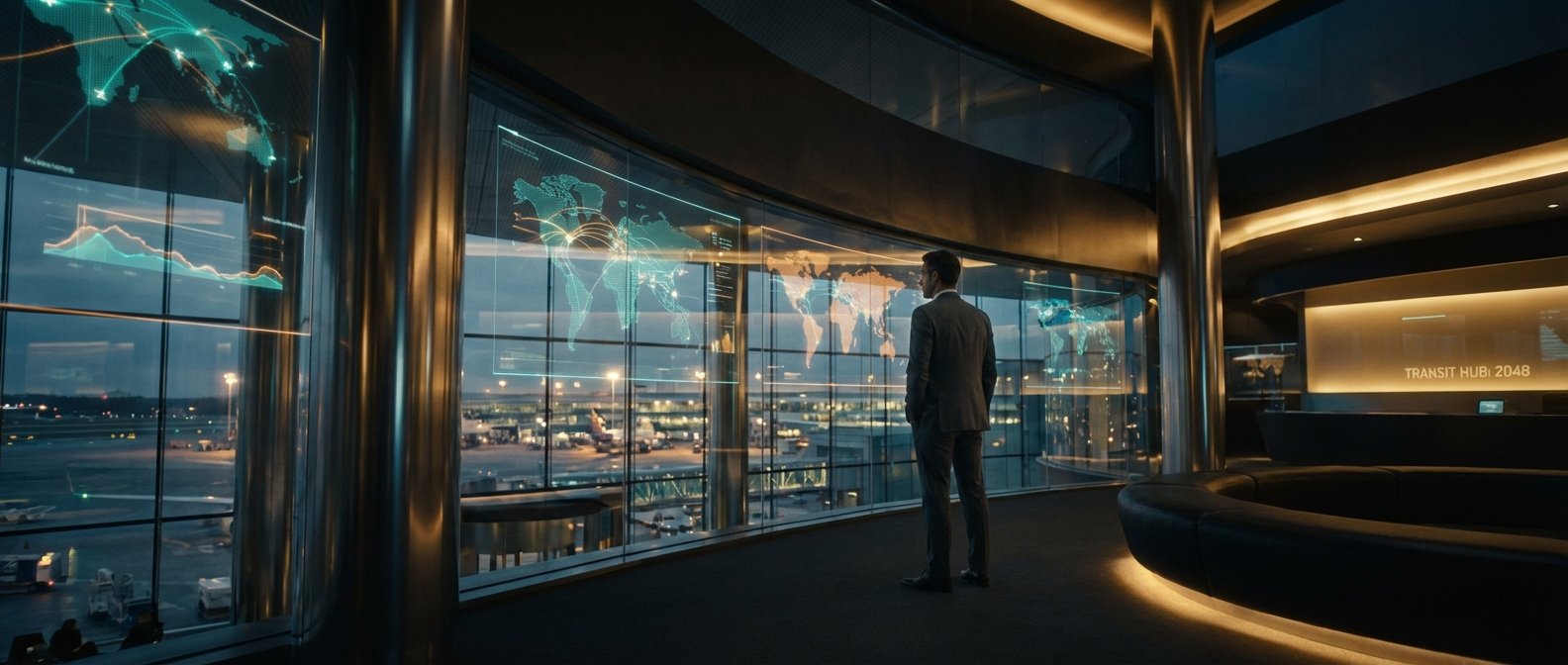 Un hombre de traje de espaldas mira por una gran ventana curva con pantallas holográficas que muestran mapas mundiales y gráficos. Al fondo se ve un aeropuerto con aviones y luces al anochecer. La sala es moderna, con un sofá curvo y un letrero luminoso que indica 'TRANSIT HUB 2048'.