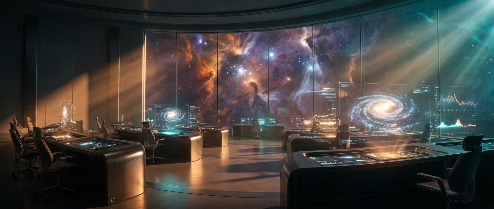 Una sala de control futurista con grandes ventanales que muestran una nebulosa espacial vibrante y galaxias, equipada con múltiples escritorios y pantallas holográficas interactivas con datos y gráficos. Rayos de luz atraviesan la estancia, creando un ambiente de alta tecnología.