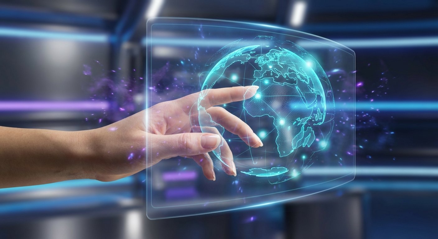 Una mano humana interactúa con una pantalla táctil transparente que proyecta un holograma brillante del planeta Tierra, mostrando una red de conexiones digitales y puntos luminosos. Luces y partículas azules y moradas rodean la escena, con un fondo difuminado de una sala futurista.