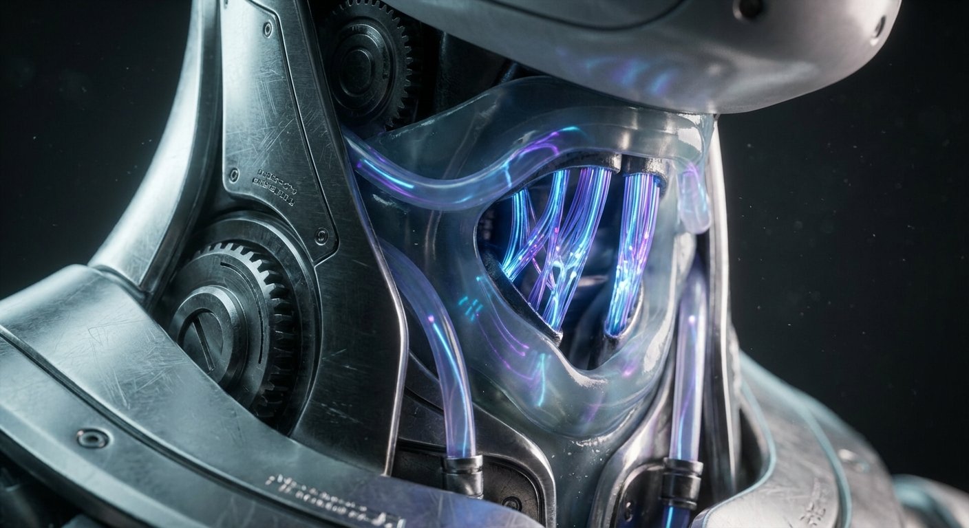 Primer plano detallado de la cabeza y cuello de un robot o cyborg con armadura metálica plateada, engranajes visibles y tubos translúcidos que contienen cables luminosos de color azul y púrpura.