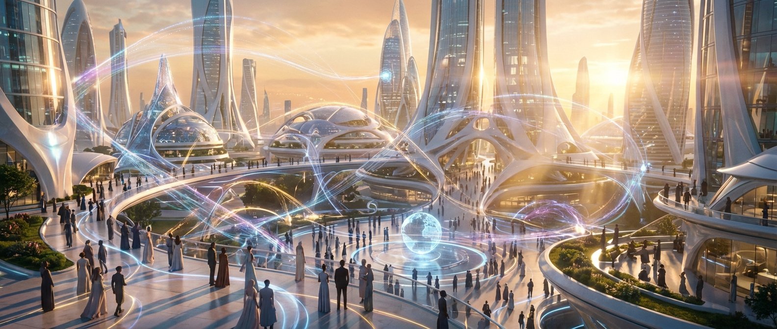 Panorámica de una ciudad futurista con rascacielos de diseño orgánico y cristal, plazas llenas de gente y pasarelas elevadas. El paisaje urbano está interconectado por redes de luz brillante, con un orbe terrestre luminoso en el centro, todo bañado por una luz dorada de amanecer o atardecer.