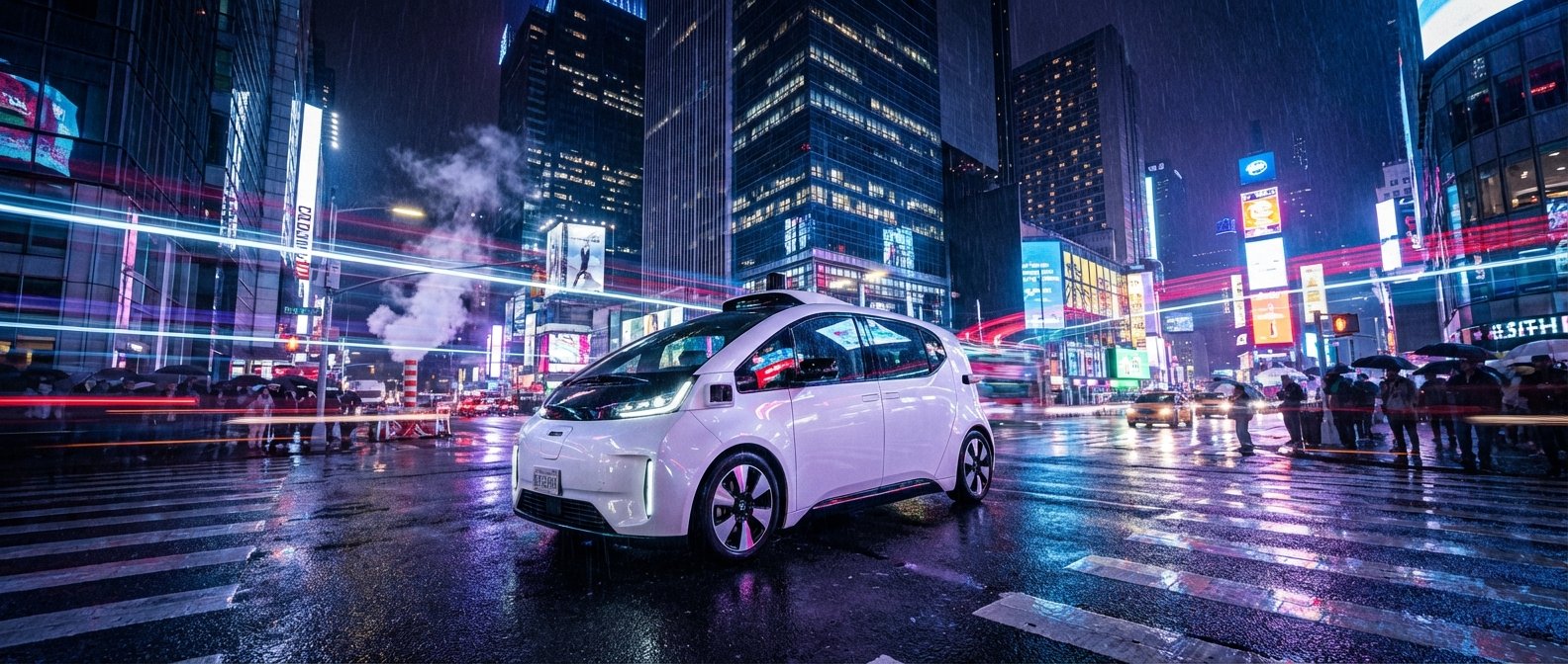 Un coche autónomo blanco se encuentra en una calle mojada de una ciudad vibrante por la noche, con edificios altos iluminados por pantallas LED, estelas de luces de tráfico y peatones con paraguas.