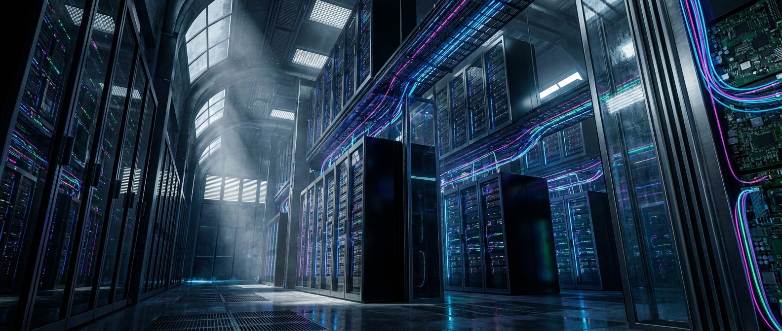 Interior de un moderno centro de datos con múltiples filas de racks de servidores, cables de red luminosos en colores neón y reflejos en el suelo, bajo una iluminación atmosférica.