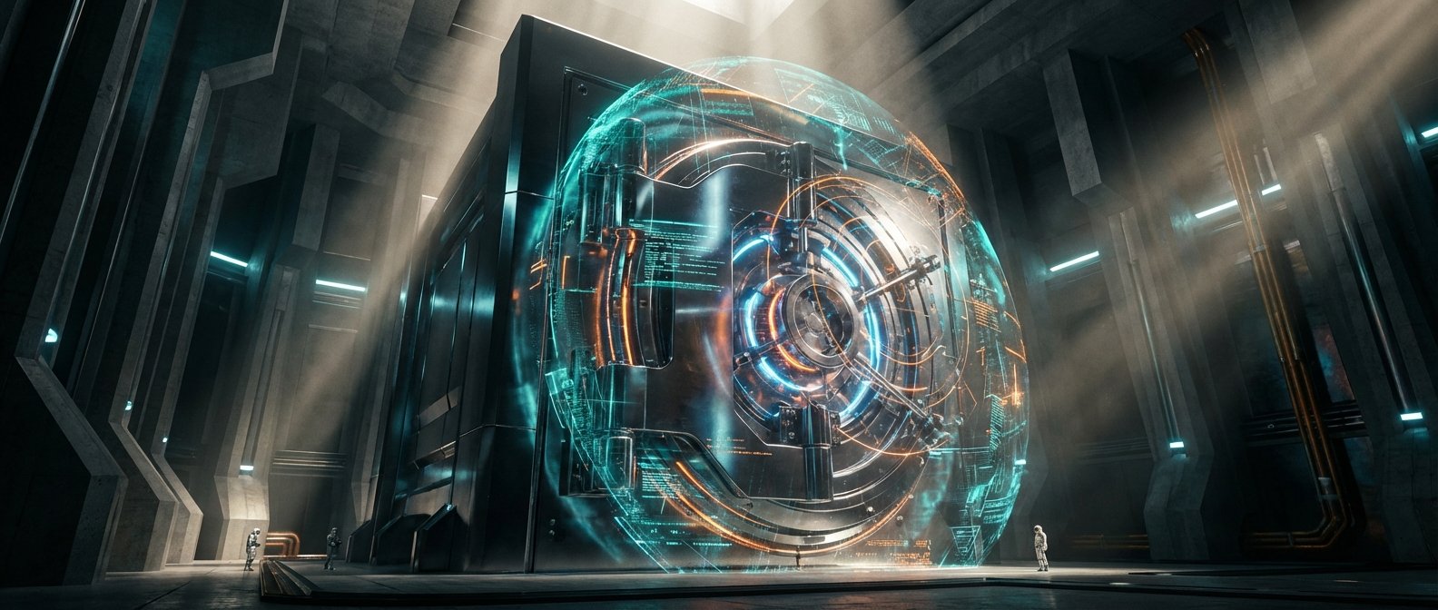 Gran cámara futurista de hormigón con paredes angulares y luces azules. En el centro, una enorme esfera metálica que parece una bóveda de datos, brillando con patrones digitales azules y naranjas. Varias figuras con trajes espaciales observan la imponente estructura.