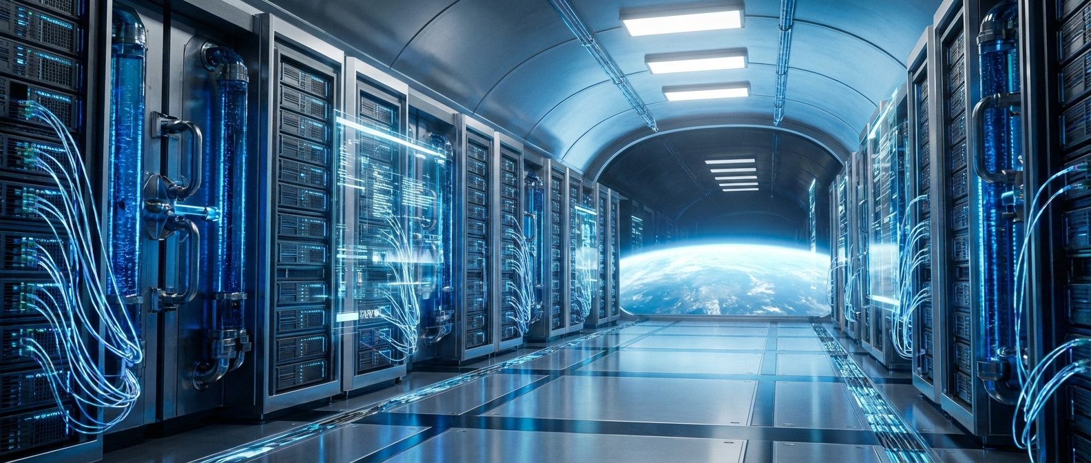 Un pasillo de un centro de datos futurista con largas filas de racks de servidores a cada lado. Los servidores están iluminados con luces azules y muestran cables de fibra óptica brillantes y sistemas de refrigeración líquida con tubos transparentes y burbujas. Al final del pasillo hay una gran ventana que ofrece una vista expansiva de la Tierra desde el espacio.