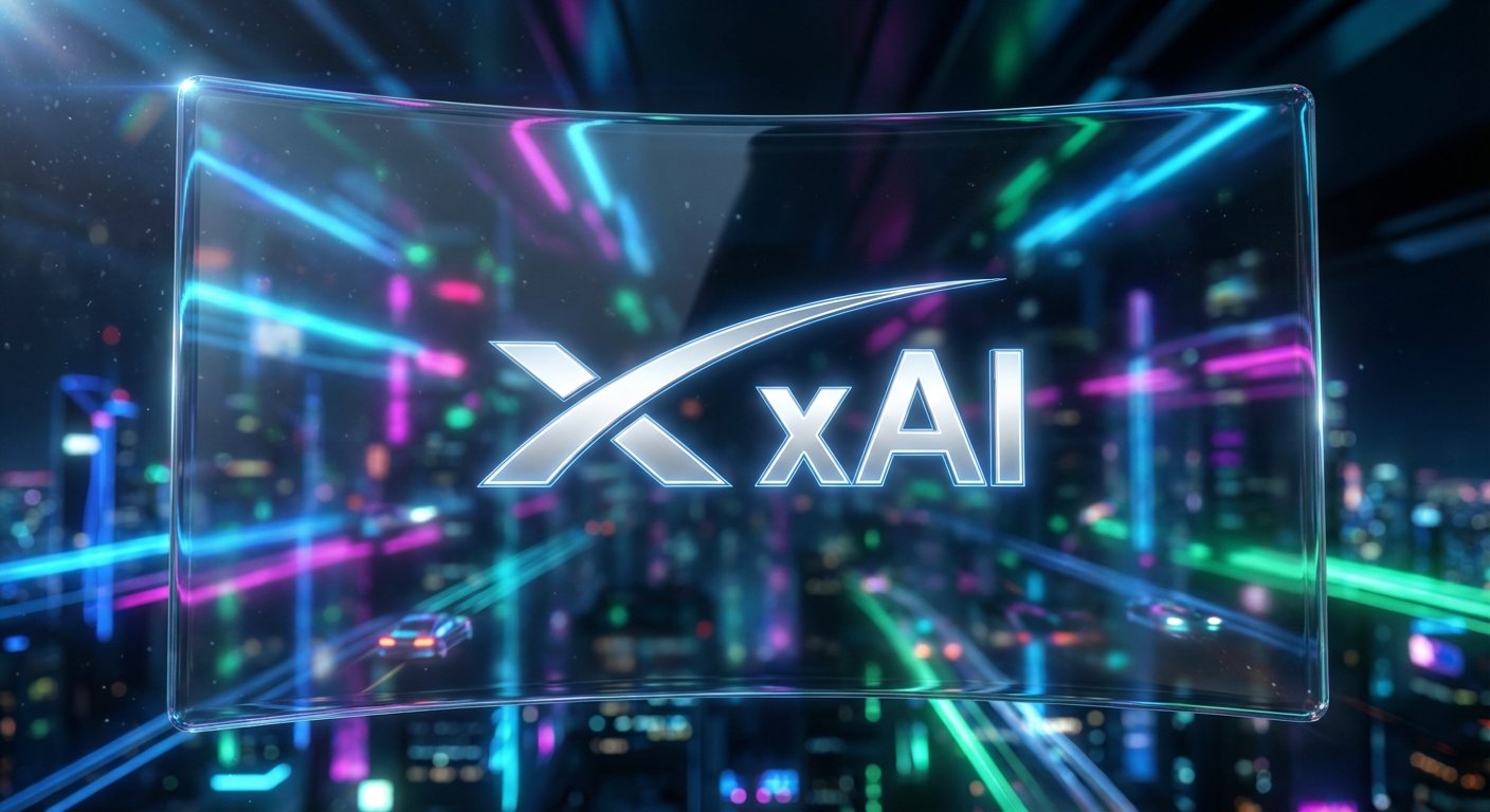 Close-up of a high-tech glass interface displaying a combined logo of SpaceX and xAI, reflecting a futuristic city at night, neon accents, cinematic depth of field, sleek and polished aesthetic.