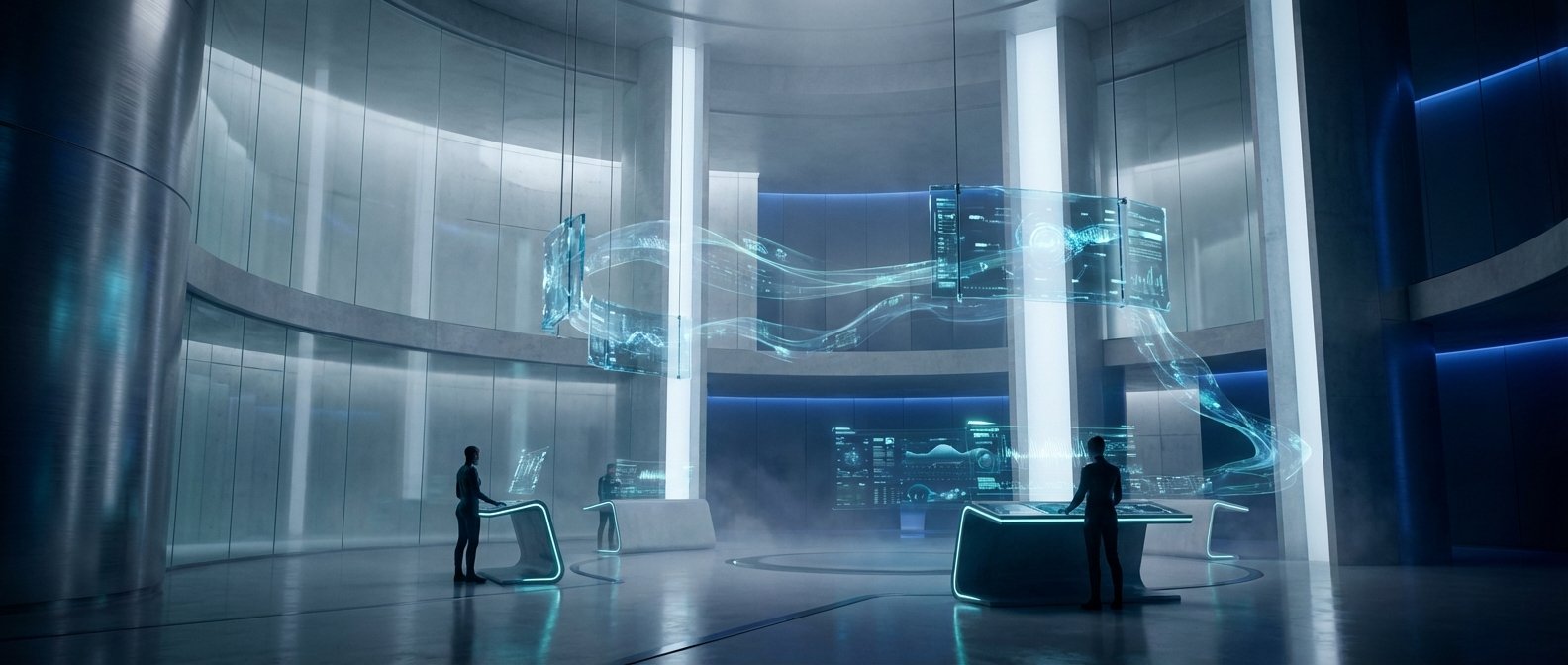 Sala de control futurista con dos personas interactuando con pantallas holográficas y paneles transparentes que muestran datos y gráficos en un entorno de alta tecnología con iluminación azul.