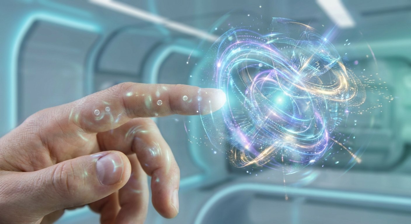 Mano de una persona interactuando con una esfera holográfica brillante de datos y luz en un espacio futurista.