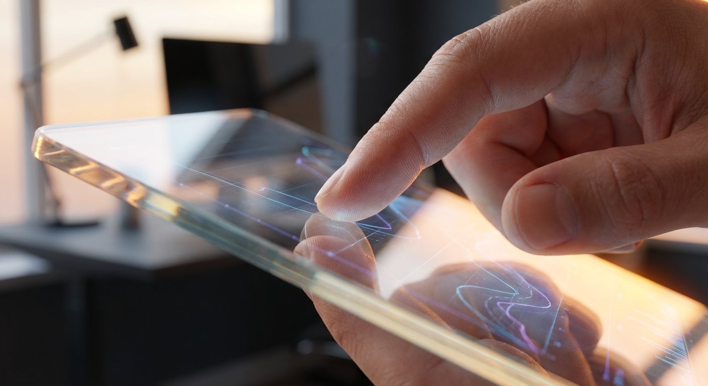 Mano tocando una tableta transparente con una interfaz digital luminosa y abstracta.