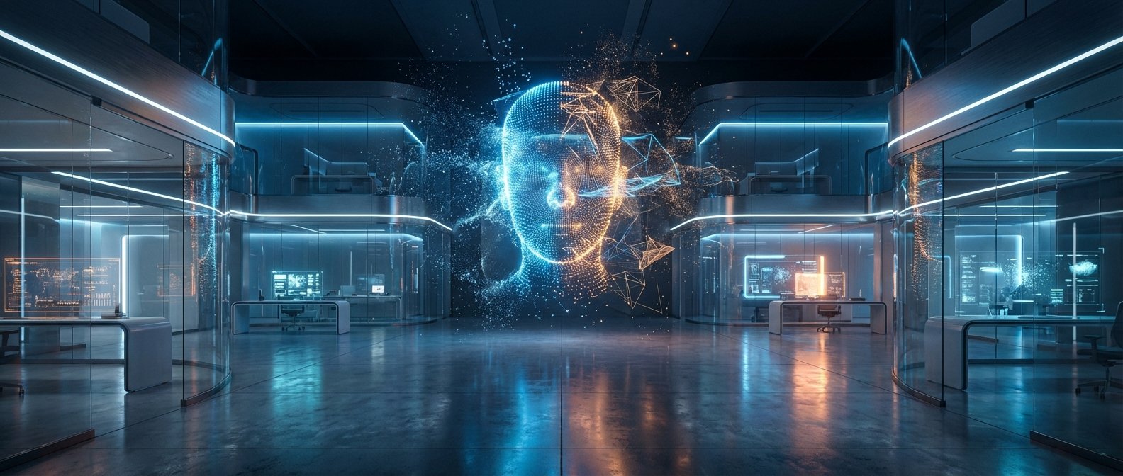 Interior de una oficina futurista de alta tecnología con paredes de cristal y suelo reflectante. En el centro, una gran cabeza humana digital de partículas luminosas azules y naranjas, simbolizando inteligencia artificial o procesamiento de datos, brilla intensamente. A los lados, se observan salas de trabajo modernas con escritorios y múltiples pantallas mostrando información digital.