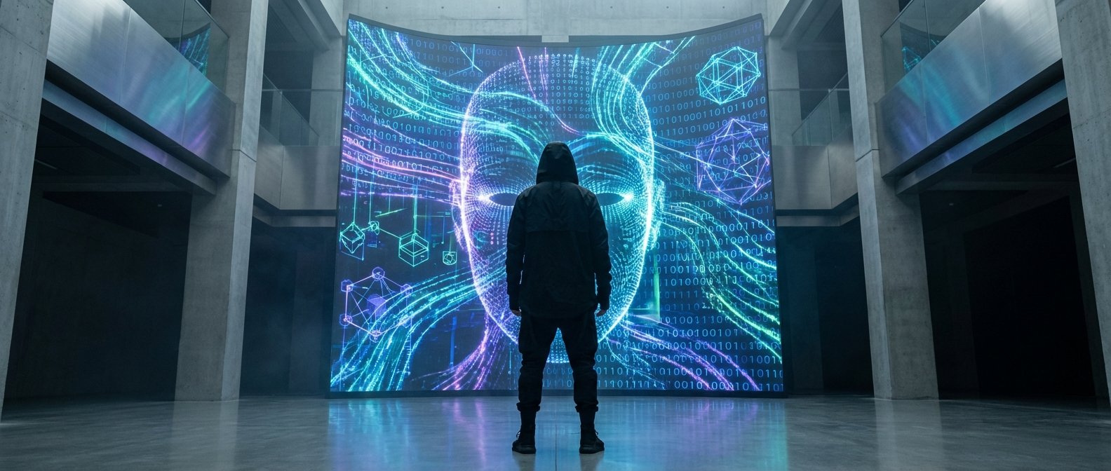 Una persona con chaqueta negra con capucha está de espaldas, observando una gran pantalla LED curva que muestra un rostro digital abstracto, código binario y formas geométricas luminosas en tonos azules y morados, en un edificio moderno de hormigón con reflejos en el suelo.