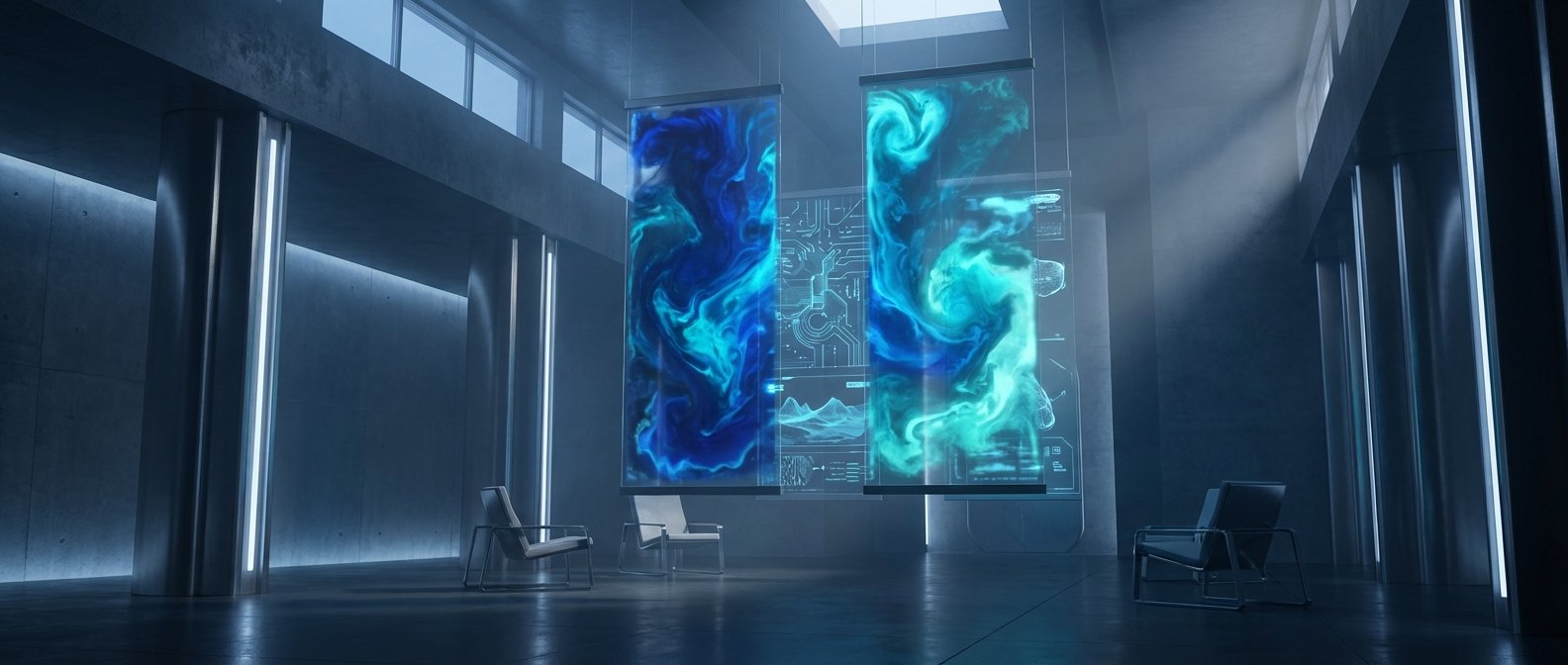 Interior moderno y futurista con paredes de hormigón y columnas iluminadas con luces LED. Dos pantallas transparentes suspendidas muestran animaciones fluidas en tonos azules y cian. Varias sillas de diseño minimalista están en el suelo.} {