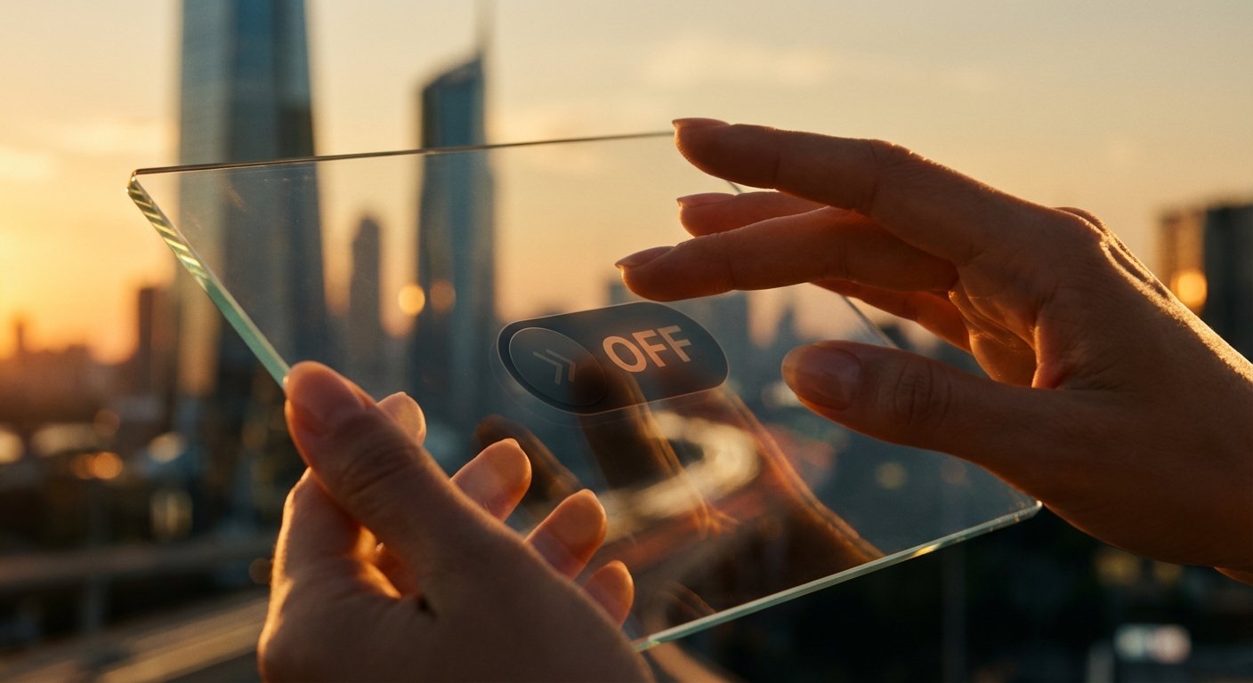 Manos sosteniendo una pantalla transparente con un botón virtual 