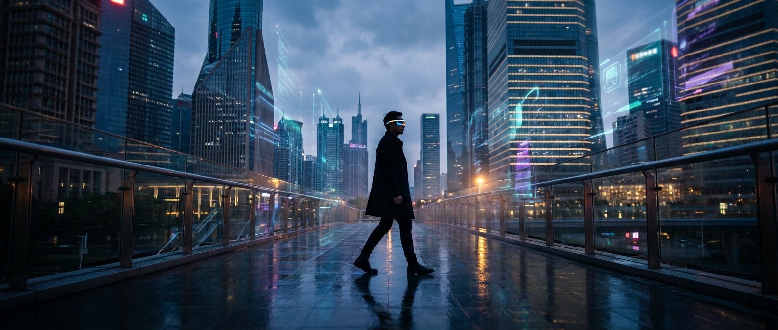 Un hombre con gabardina oscura y gafas de realidad aumentada luminosas camina por una pasarela mojada en una ciudad moderna con rascacielos. Elementos holográficos flotan alrededor de los edificios, reflejándose en el suelo.