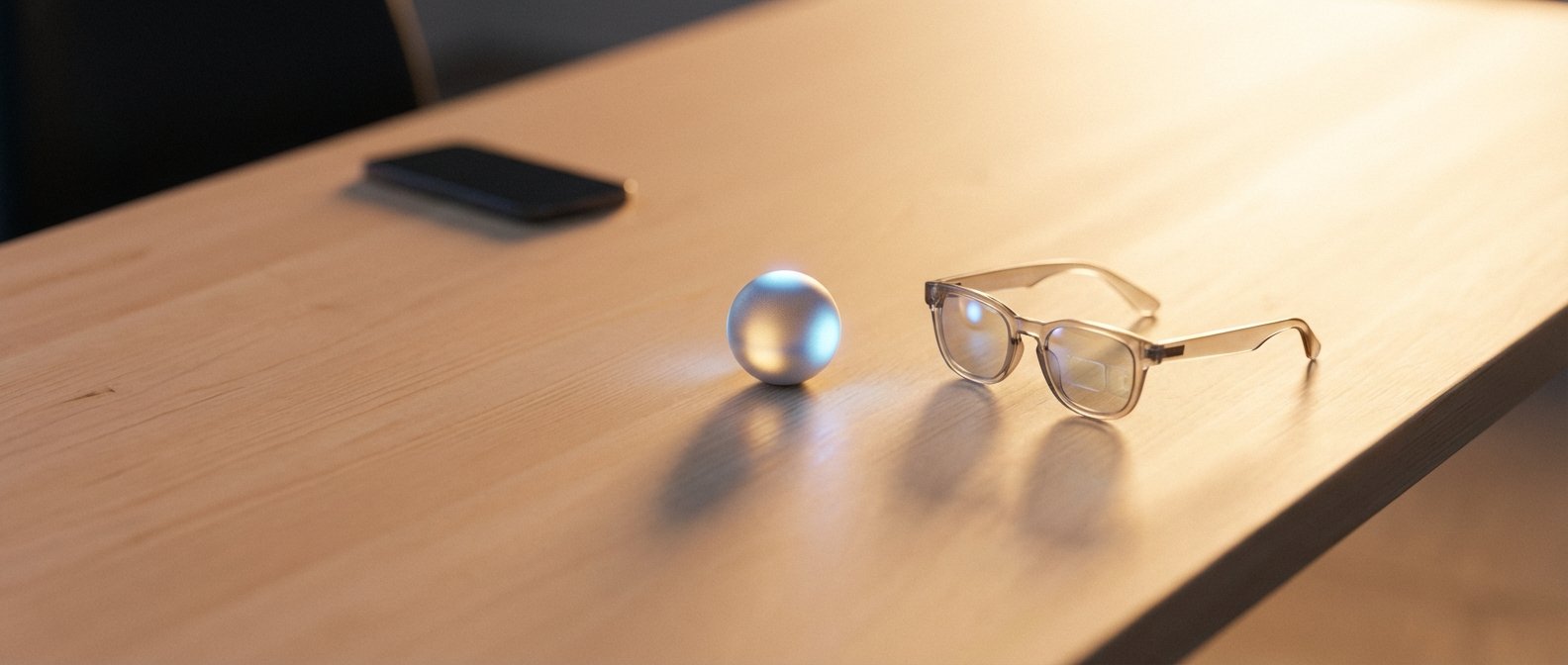 Escritorio de madera con un teléfono móvil desenfocado, una esfera plateada brillante y unas gafas de montura transparente.