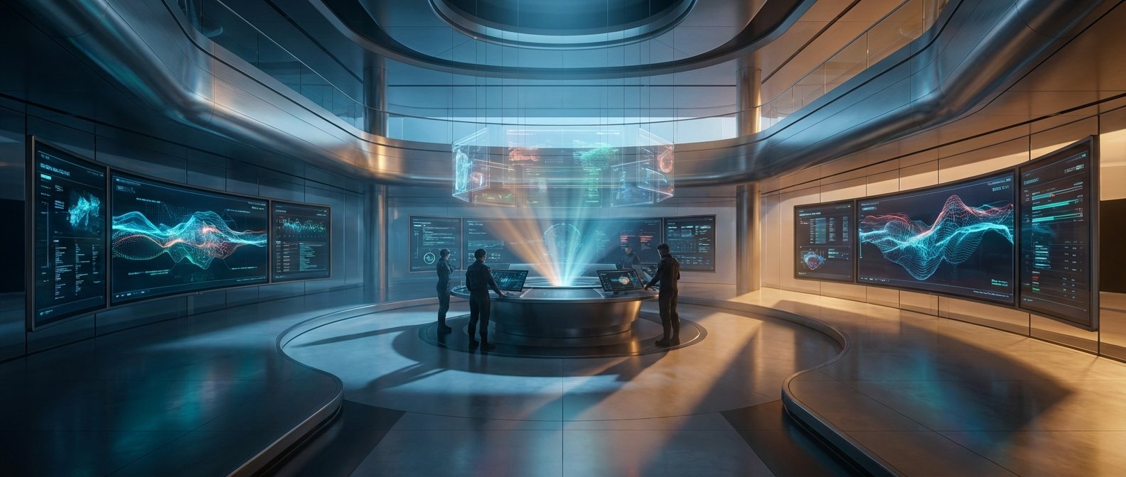 Sala de control futurista y moderna con paredes de pantallas curvas mostrando gráficos de datos, mapas y código. Cuatro personas interactúan con una consola central que proyecta un holograma 3D de un mapa global y otros datos complejos. El ambiente es de alta tecnología con iluminación azul y dorada.