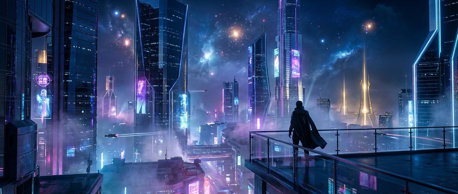 Un hombre con una capa oscura de pie en una terraza de cristal, observando una ciudad futurista nocturna llena de rascacielos iluminados con luces de neón azules y púrpuras, coches voladores y un cielo cósmico con estrellas y nebulosas.