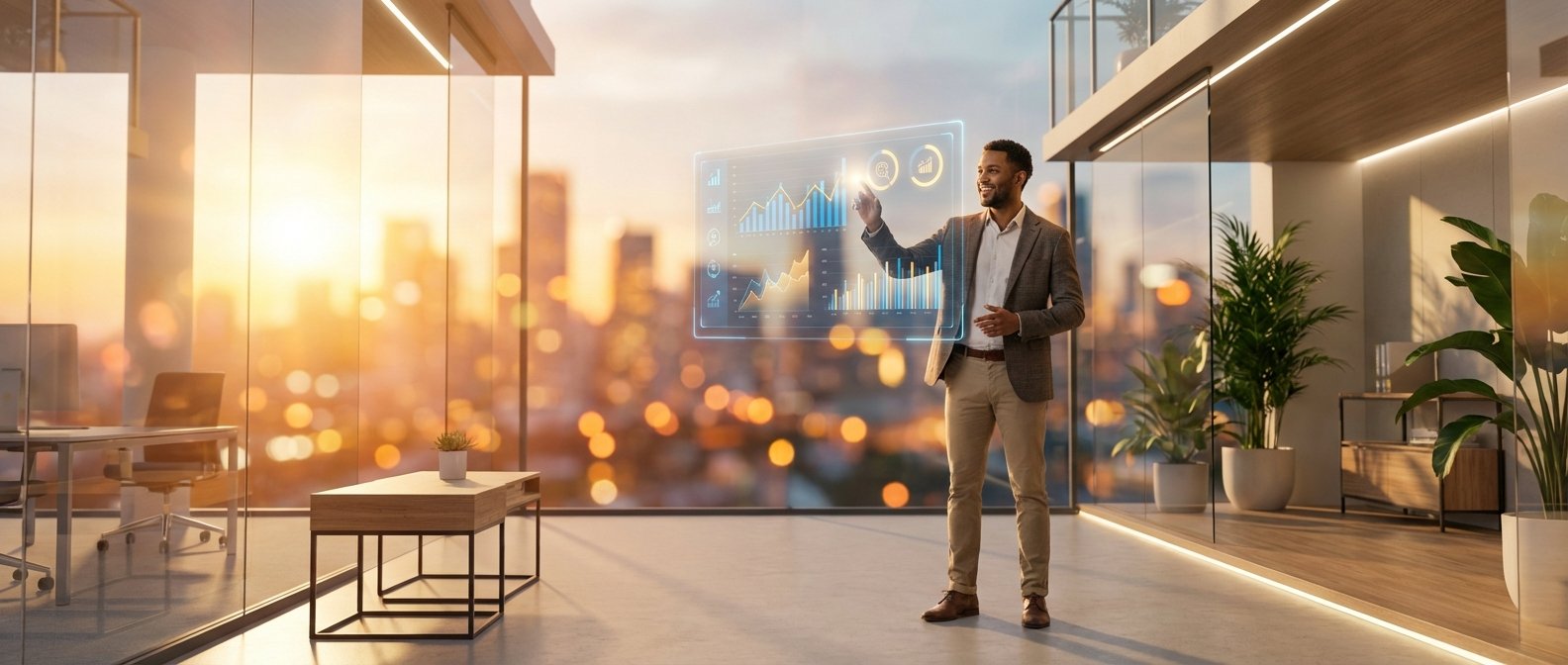 Un hombre sonriente interactúa con una pantalla holográfica que muestra gráficos de datos en una oficina moderna con grandes ventanales y vistas a una ciudad al atardecer.