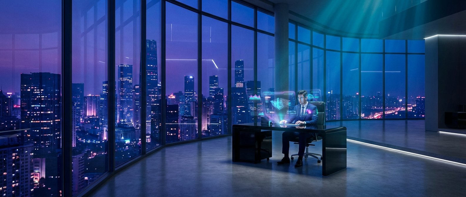 Un hombre en traje sentado en un escritorio en una oficina moderna, interactuando con múltiples pantallas holográficas que muestran datos y gráficos. Detrás hay un gran ventanal con una vista panorámica de una ciudad con rascacielos iluminados por la noche.