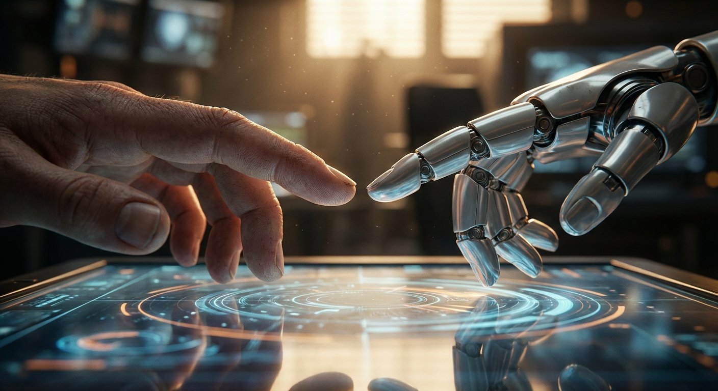 Una mano humana y una mano robótica se aproximan sobre una interfaz digital futurista, en un entorno de laboratorio con luz solar.