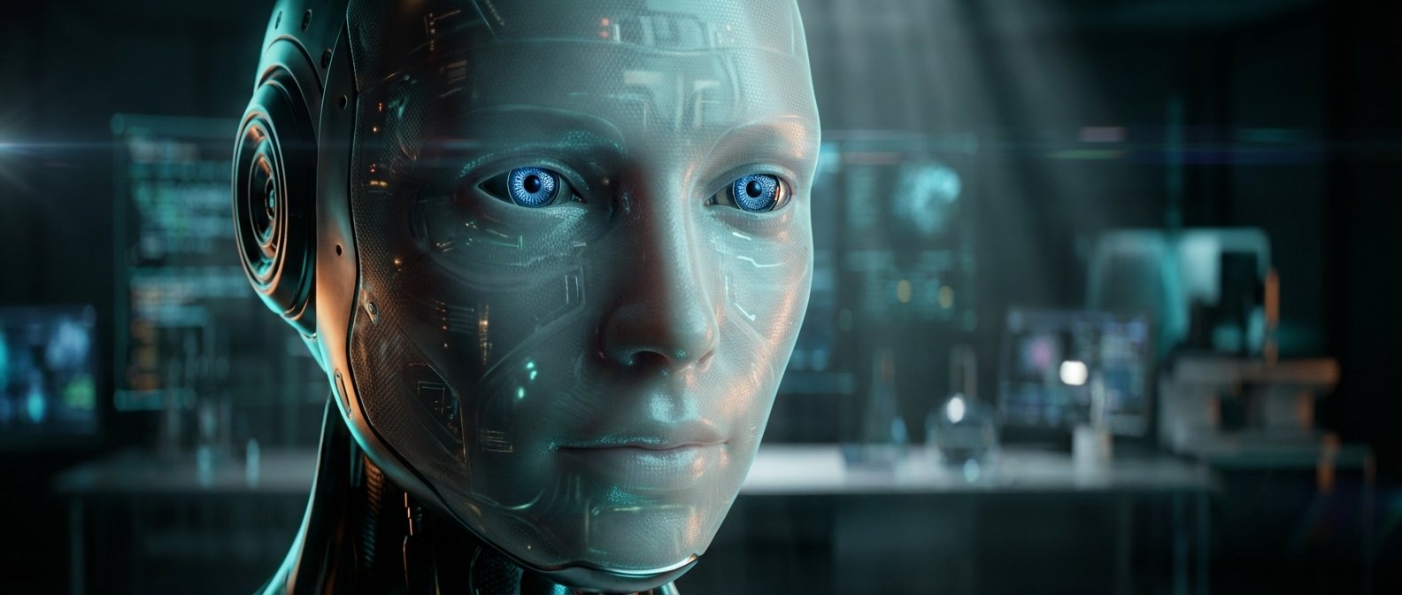 Primer plano del rostro de un robot humanoide con ojos azules brillantes y piel translúcida mostrando circuitos internos, en un laboratorio tecnológico de fondo.
