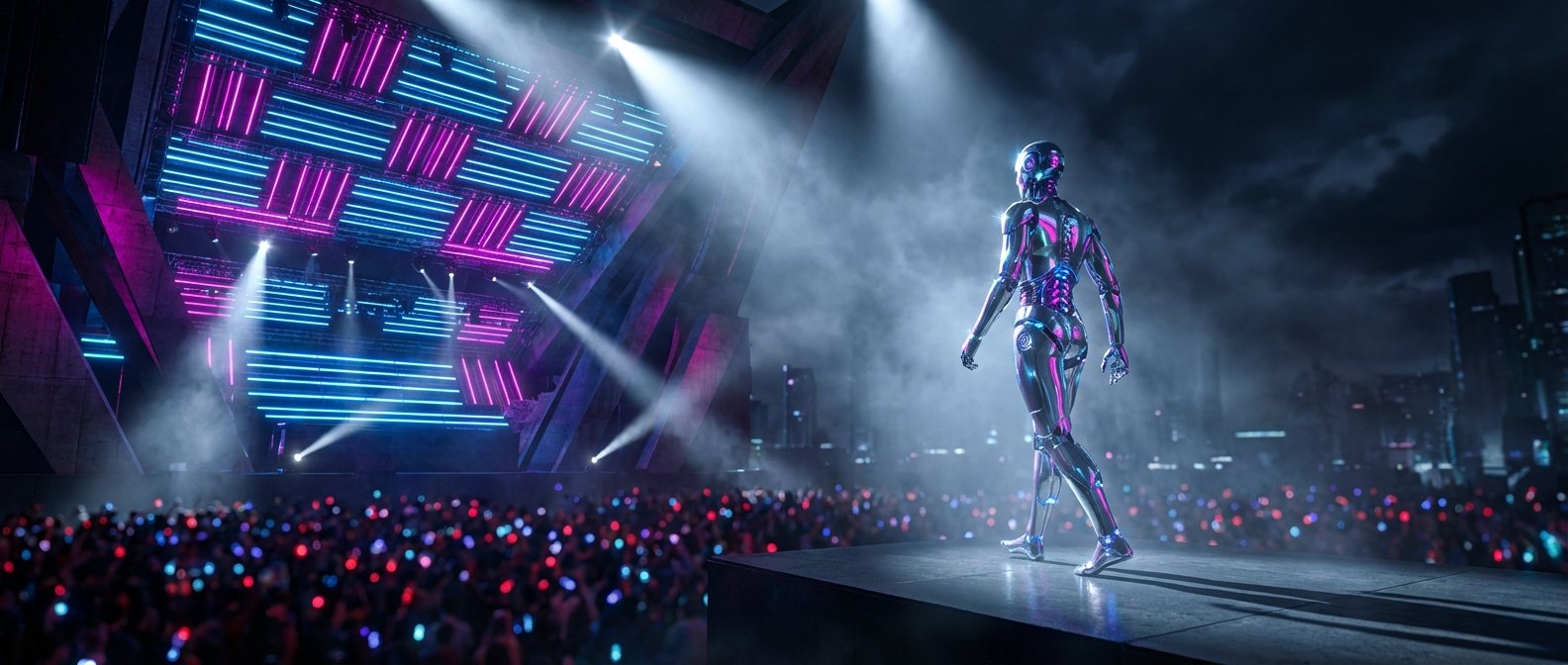 Un robot humanoide metálico y brillante camina sobre un escenario iluminado por focos, frente a una gran estructura con luces de neón azules y rosas. Debajo del escenario, una multitud se ilumina con luces de colores, y un paisaje urbano futurista se vislumbra en el fondo oscuro.