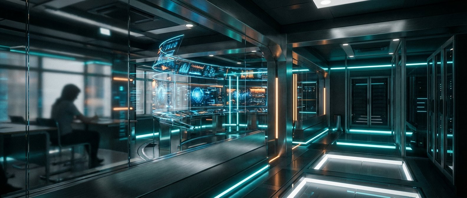 Sala de control futurista con pantallas holográficas de datos y una persona trabajando en una oficina adyacente, iluminada con luces de neón azules y naranjas.