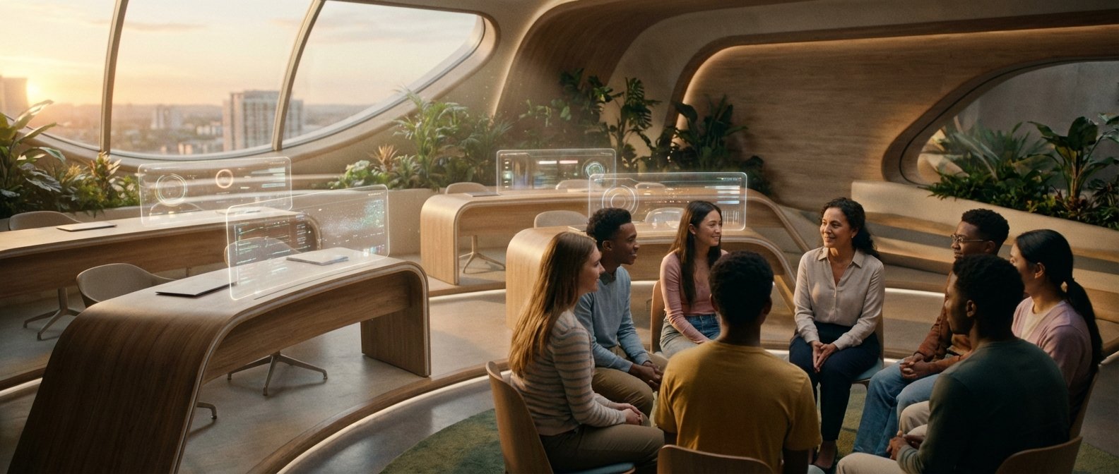 Un grupo diverso de personas, incluyendo jóvenes y una mujer adulta, sentados en círculo conversando en una oficina moderna y futurista. El espacio cuenta con grandes ventanales con vista a la ciudad al atardecer, escritorios con pantallas holográficas transparentes y abundante vegetación interior.