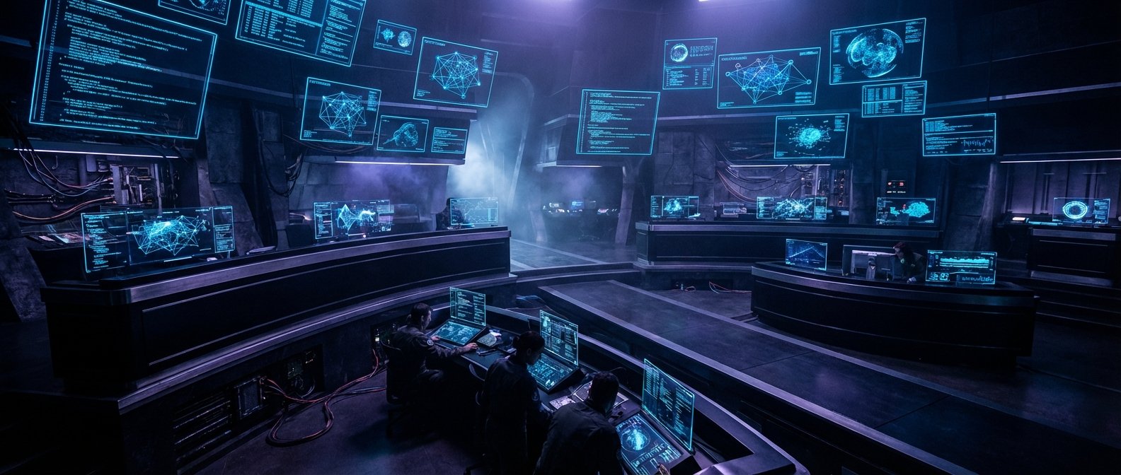 Interior de una sala de control futurista con iluminación azul y violeta, donde varios operadores trabajan en consolas con pantallas transparentes que muestran código, datos y gráficos de red.
