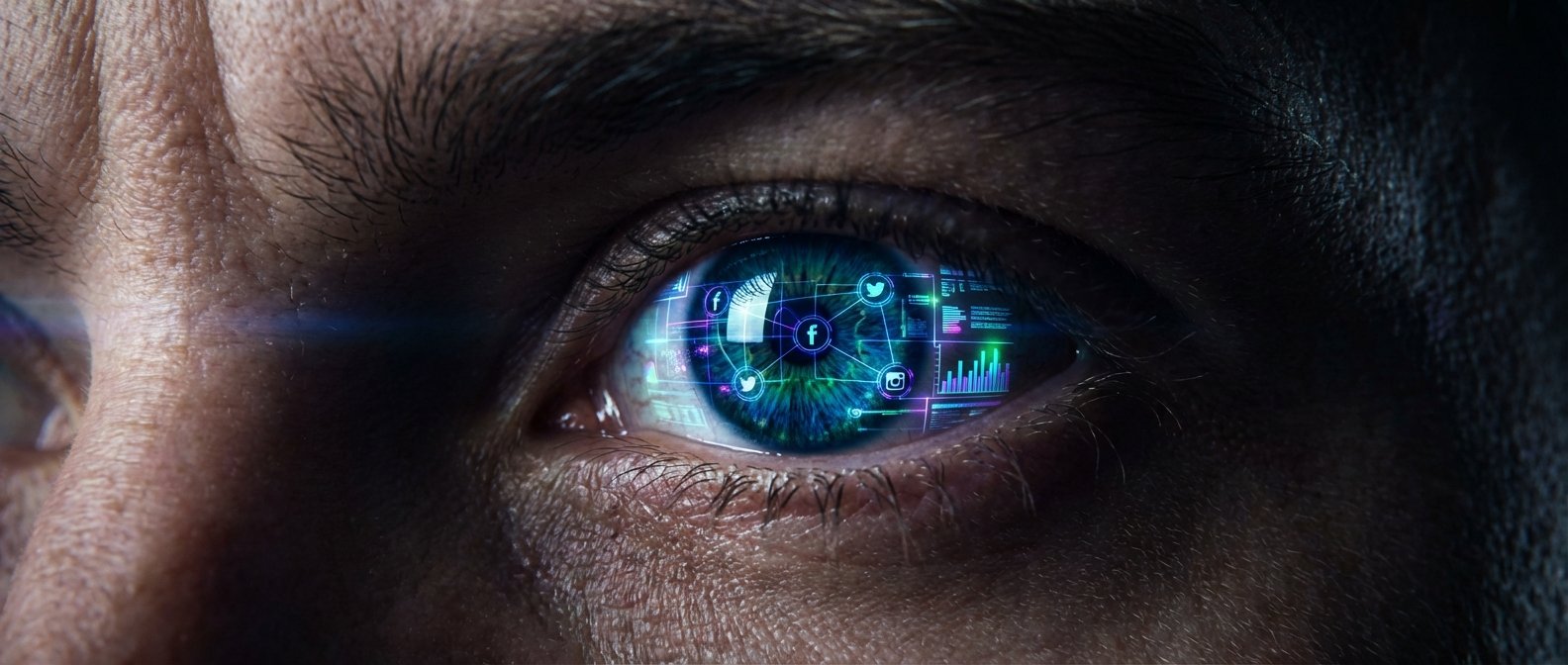 Primer plano de un ojo humano con el iris mostrando una interfaz digital que incluye iconos de redes sociales como Facebook, Twitter e Instagram, gráficos de datos y conexiones de red.
