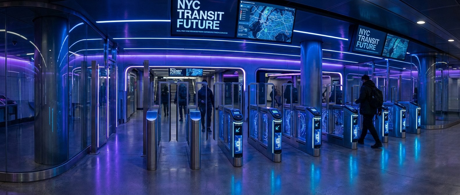Interior de una moderna estación de tránsito con iluminación de neón azul y morado, múltiples torniquetes brillantes con flechas de entrada y pantallas digitales que muestran 'NYC TRANSIT FUTURE' y un mapa de la ciudad, con personas pasando por la entrada.} {