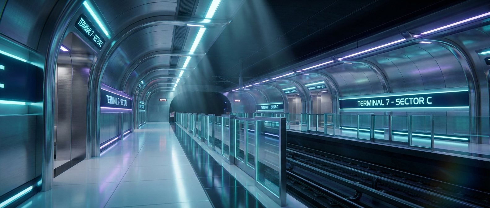 Andén de una estación de metro o tren futurista con arquitectura metálica curva, iluminación de neón azul y púrpura, y pantallas que indican 'TERMINAL 7 - SECTOR C'. Se aprecian puertas de acceso y vías del tren.