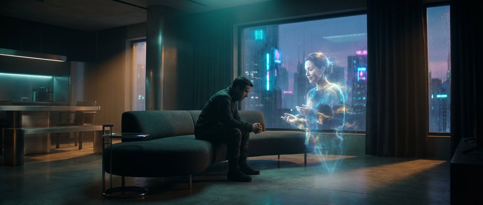 Un hombre sentado en un sofá oscuro mira una proyección holográfica de una mujer sonriente en un apartamento moderno con vistas a una ciudad futurista bajo la lluvia.